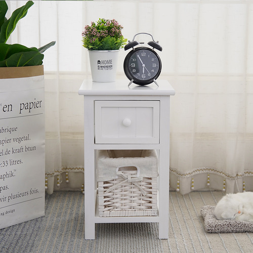 White side table store with wicker baskets